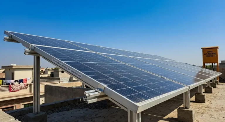Rooftop solar panel array installed in Islamabad